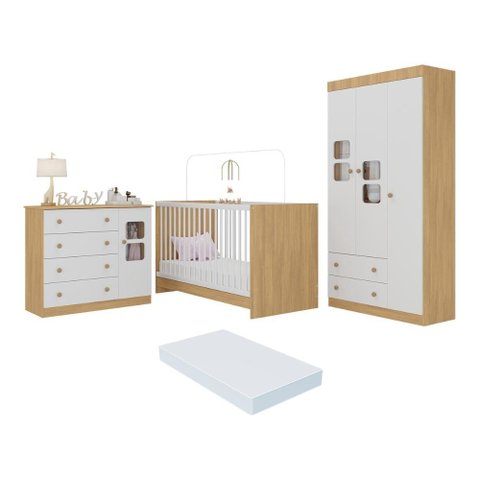 Quarto de Bebê Completo com Berço 3 em 1 com Colchão Incluso Brisa Multimóveis Mp4541 Madeirado/