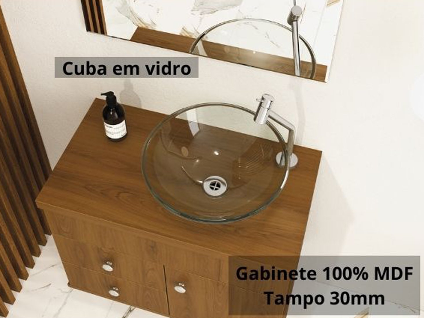 Armário Para Banheiro Luna 61x46 MDF Espelho Lapidado e Cuba Vidro Cor:Freijó - 4