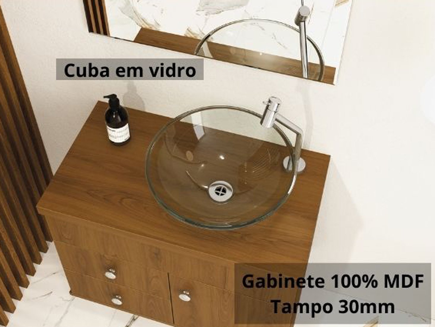 Ver imagem 4 de Armário Para Banheiro Luna 61x46 MDF Espelho Lapidado e Cuba Vidro Cor:Freijó