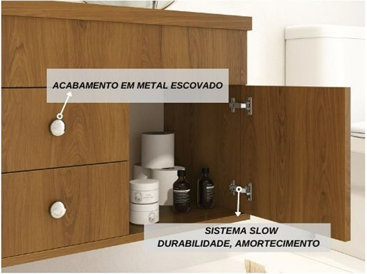 Ver imagem 3 de Armário Para Banheiro Luna 61x46 MDF Espelho Lapidado e Cuba Vidro Cor:Freijó