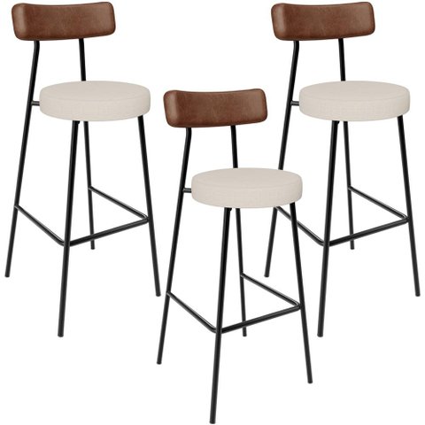 Kit 03 Banquetas Alta Cozinha Bar Sala De Jantar Milão L02 Couríssimo Marrom Linho Cru - Lyam
