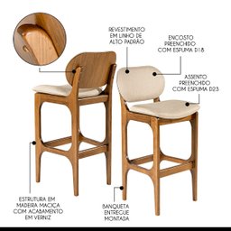 Banqueta Alta para Cozinha 50 x 104 Cm Decor Madeira Maciça Imbuia Linho Bege M58 - RMI - 3