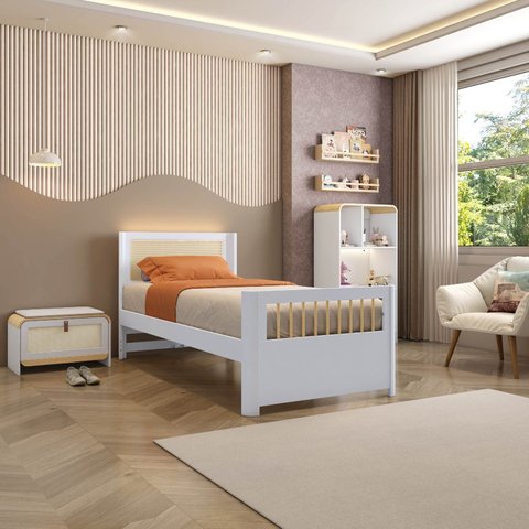 Cama Solteiro Evolutiva Wave Juvenil em Rattan com LED Casatema MadeiraOriginals Branco/Marrom