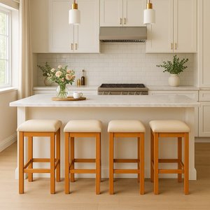 Kit 2 Banquetas Alta Decorativa Lívia para Balcão Cozinha Base em Madeira Suede Bege