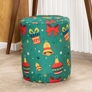 Capa de Puff Redondo Grande Avulsa Estampada Natalina Ajustável com Elástico - Tecido Veludo Decoraç