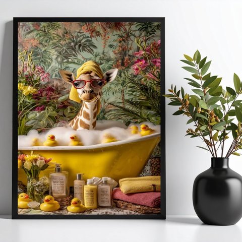 Quadro para Banheiro Girafa no Banho - Tropical 45x34cm - com Vidro:moldura Branca