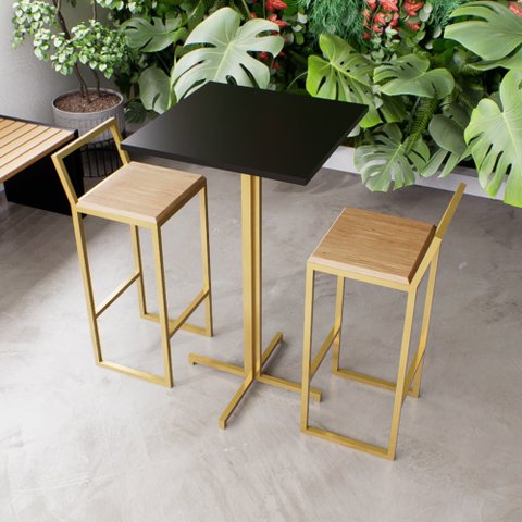 Jogo Mesa Alta Bistrô Quadrada Preta 2 Banquetas Pinus Confort Industrial Dourado Don Castro Decor I