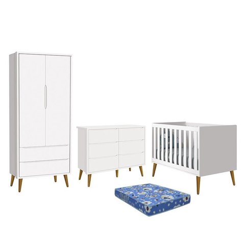 Dormitório Theo 2 Portas, Cômoda 6 Gavetas, Berço Branco Fosco com Pés Amadeirado e Colchão - Reller