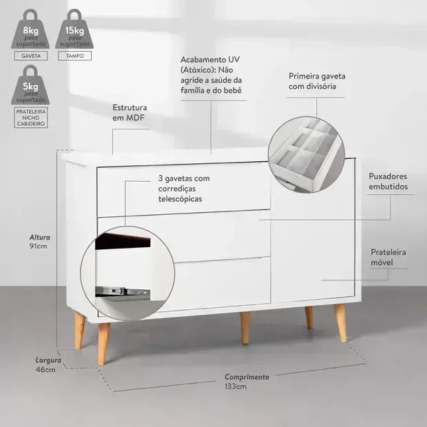 Ver imagem 5 de Kit Quarto Infantil Theo com Pés Retrô Natural - Berço + Cômoda 3 Gavetas e 1 Porta - Branco Fosco a
