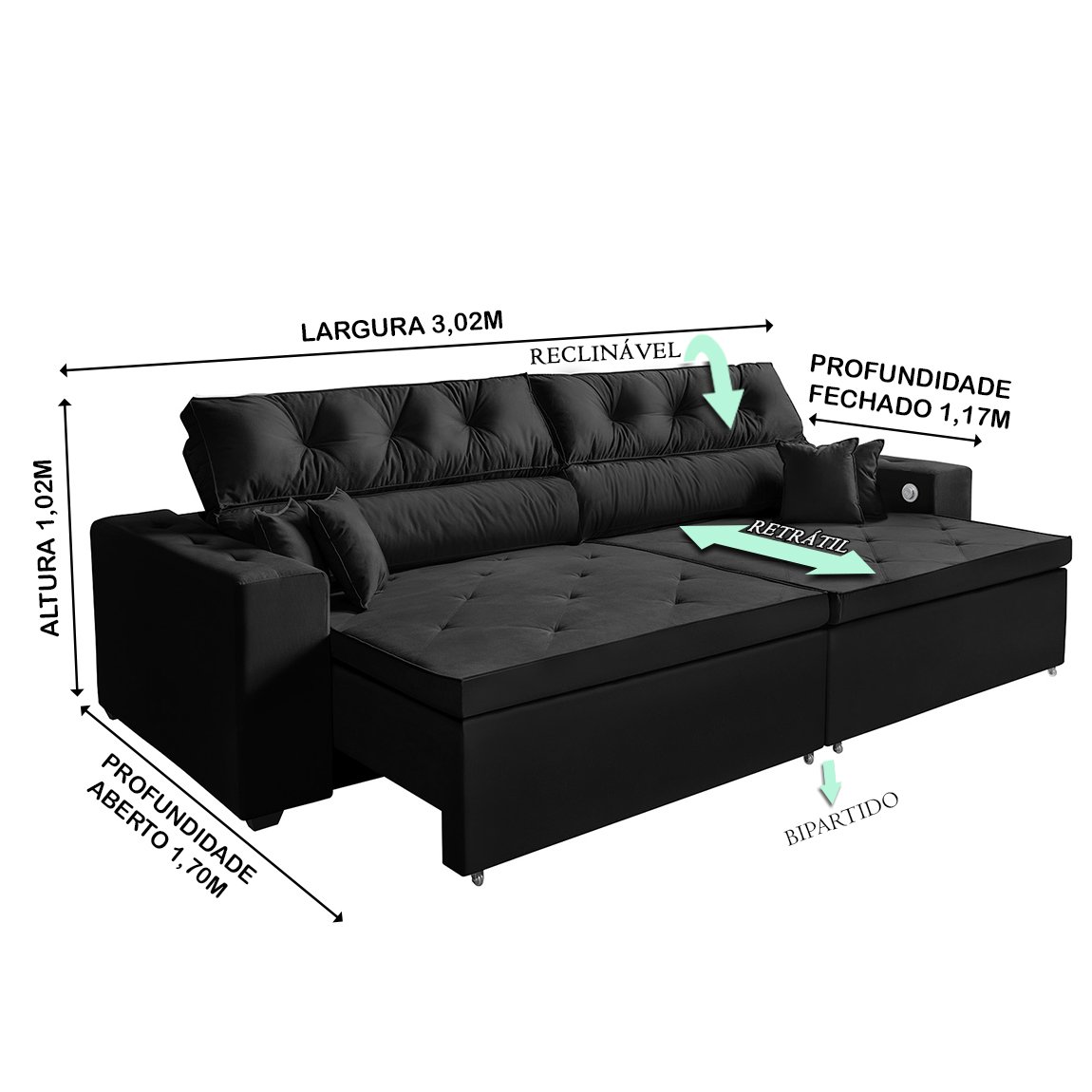 Sofá 5 Lugares SMART Retrátil, Reclinável, 3,02 Metros Tecnologia de Carregamento 3 portas USB Preto - 4