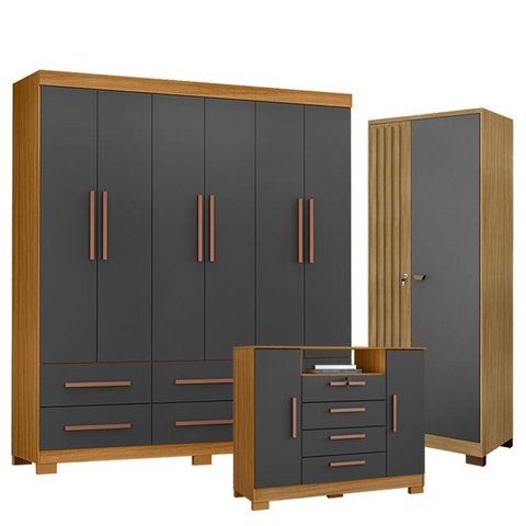 Guarda Roupa Casal New Kansas com Cômoda Madri e Armário Multiuso Versatile Carvalho Americano