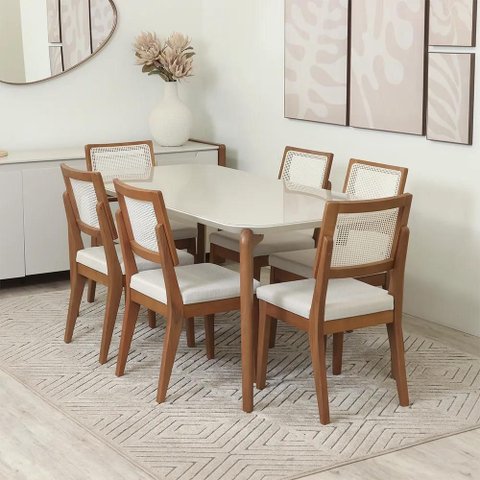 Conjunto de Jantar Mesa Retangular com Vidro Donatella com 6 Cadeiras Saga - Natural C/ Cru