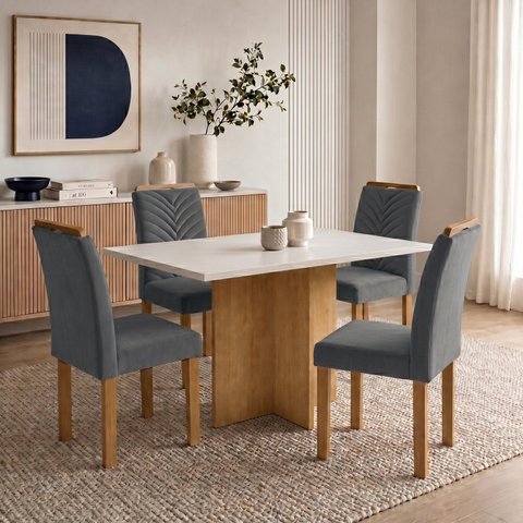 Conjunto Sala de Jantar 4 Lugares Retangular em MDF 120x80cm Cinamomo Off White Grafite