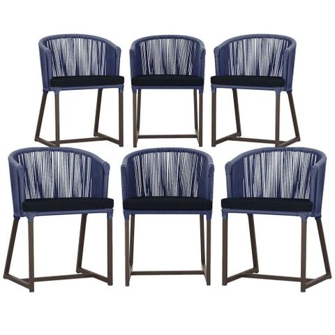 6 Cadeiras de Jantar Noronha Marrom Corda Náutica E12 Trama Azul