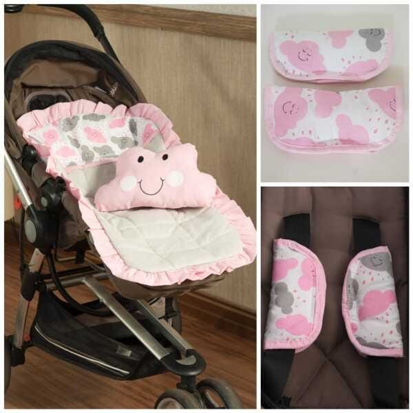 Capa de carrinho colchonete bebê + protetor cinto nuvem rosa - 2