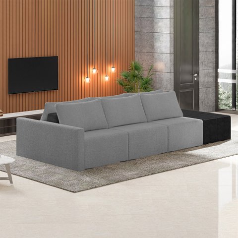Sofá Ilha Modulado Milos 312cm Puff Lateral Cinza Escuro Preto Manchado Bouclê/pu G33 - Gran Belo