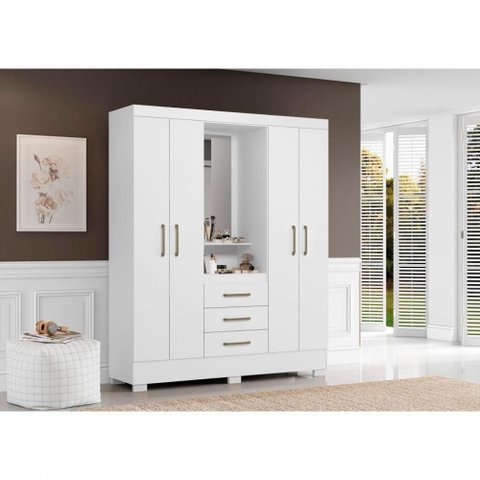 Roupeiro Casal Paris 4 Portas Bater 3 Gavetas MDF com Espelho Branco Aramóveis 163cm
