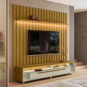 Ver imagem 1 de Rack com Painel Ripado para TV até 70 Polegadas com LED MDF 177CMX218CM Conjunto Gavetas Rodízios . Cedro Off White
