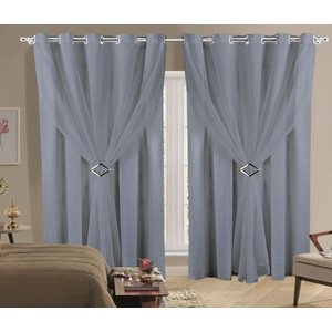 Cortina Sala ou Quarto 4,00m X 2,80m Tecido Microfibra E Voil Cinza Com Fivelas Cromadas