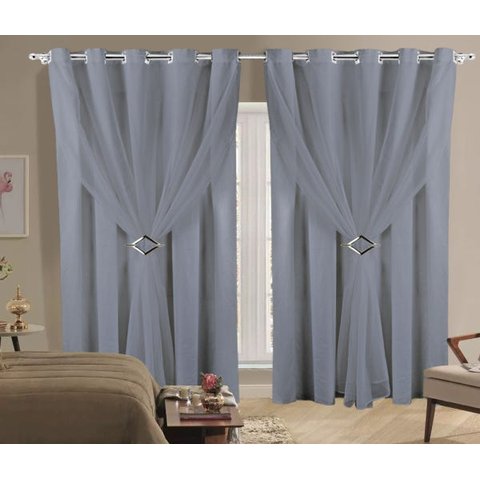 Cortina Sala ou Quarto 4,00m X 2,80m Tecido Microfibra E Voil Cinza Com Fivelas Cromadas