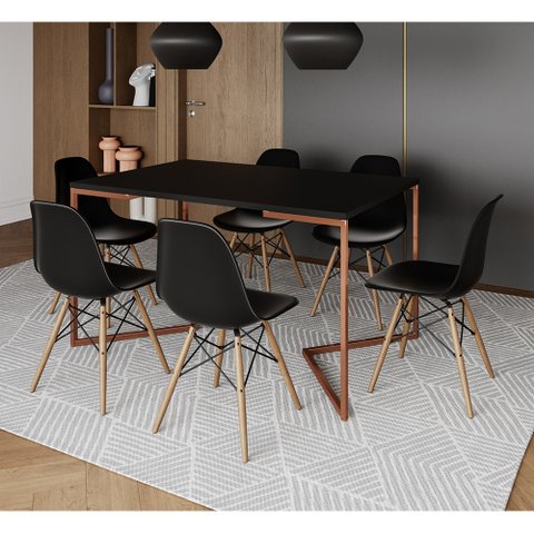 Mesa Jantar Industrial Retangular Preta 137x90cm Base V Cobre com 6 Cadeiras Eames Eiffel Pretas Mad