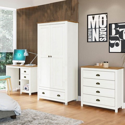 Conjunto Quarto: Guarda-roupa 2 Portas, Escrivaninha, Cômoda 4 Gavetas Branco/freijó Topázio Madeira