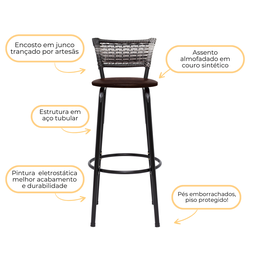 Kit 3 Banquetas Alta para Cozinha Junco Degradê Bancada Bistrô Balcão Ilhas Área Gourmet Piscina - 4