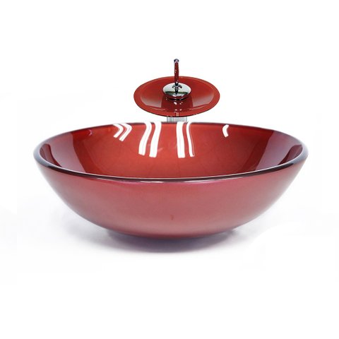 CUBA DE VIDRO REDONDA 35CM VERMELHO CEREJA + VALVULA + TORNEIRA CASCATA