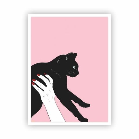 Quadro Tumblr Gato Preto e Fundo Rosa com Moldura Branca