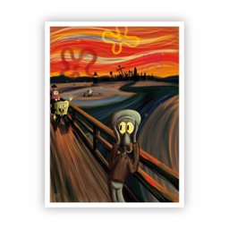 Quadro O Grito Desenho Bob Esponja colorido - Moldura Branca - 1