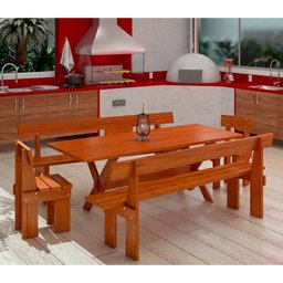 Conjunto Mesa Rústica 2m 2 Bancos e 2 Cadeiras Madeira Maciça Eucalipto - 9