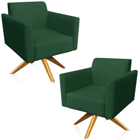 Kit 02 Poltronas Decorativas Isabella Base Giratória Madeira Suede Verde - Gran Belo