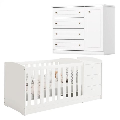 Berço Multifuncional Atlanta e Cômoda Infantil Mississipi Branco Fosco Henn - Reller