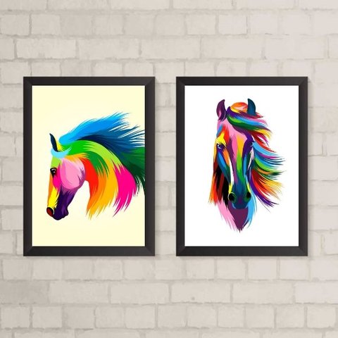 Kit 2 Quadros Decorativos Arte Cavalos Coloridos 33x24cm:Madeira preta