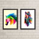 Ver imagem 1 de Kit 2 Quadros Decorativos Arte Cavalos Coloridos 33x24cm:Madeira preta