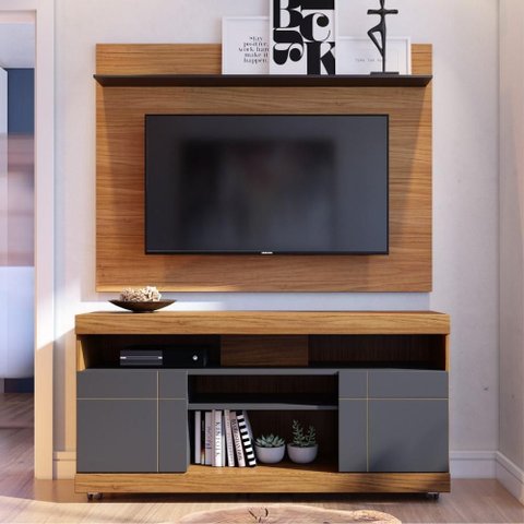 Conjunto Rack e Painel Orio Tv 55 Pol Noce Milano Preto Fosco 136cm com Portas