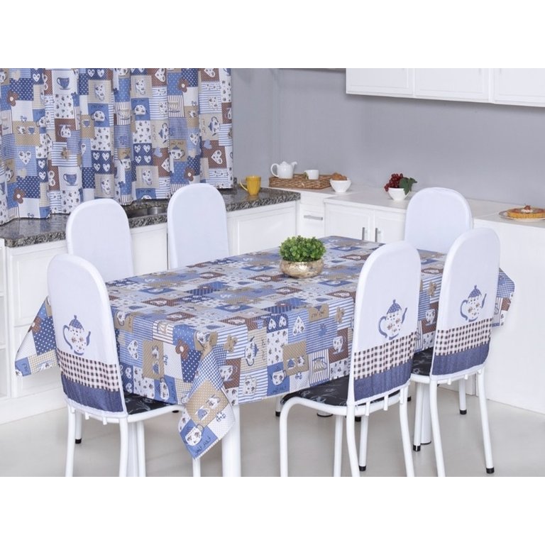 Kit 6 Capas Encosto de Cadeira de Ferro Tubular Cozinha e Jantar Malha Helanca com Elástico:bule Azu