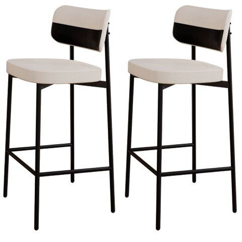 Kit 02 Banquetas Alta Bar Cozinha Sala de Jantar Aço Preto Kaira C01 Linho Palha Courino Preto - Lya