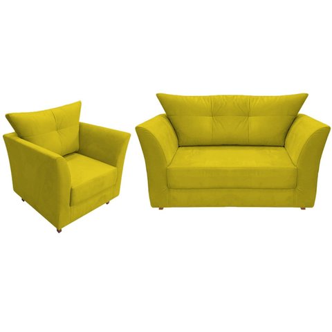 Kit Namoradeira + 1 Poltrona Decorativa Isis Couro Amarelo Pés Madeira Mz Decor