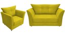 Ver imagem 1 de Kit Namoradeira + 1 Poltrona Decorativa Isis Couro Amarelo Pés Madeira Mz Decor