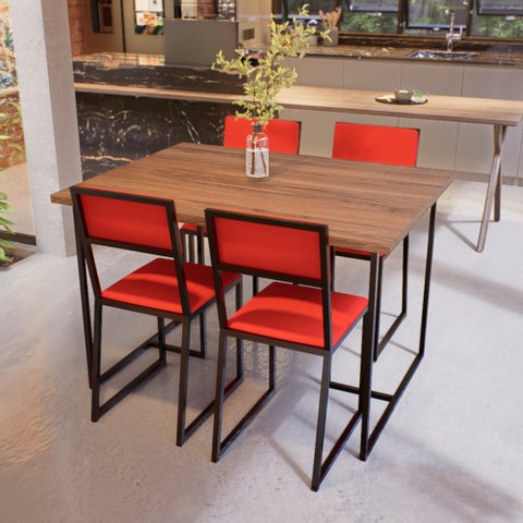 Conjunto Mesa de Jantar Retangular Imbuia 4 Cadeiras Preta Riviera Industrial Don Castro Decor Rivie