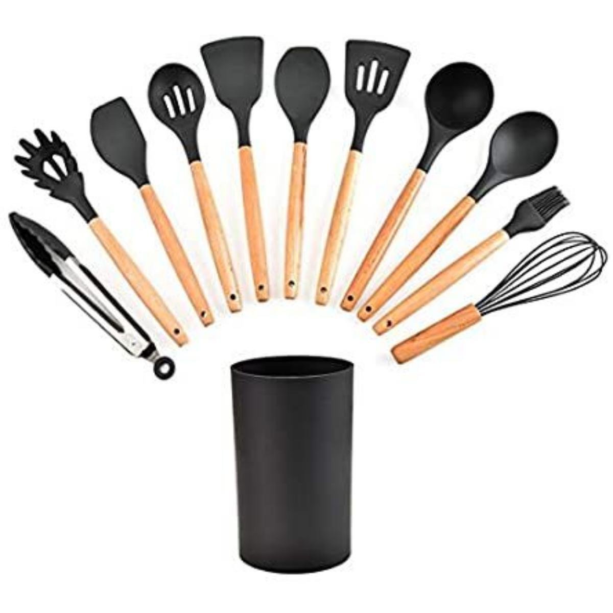 Kit Utensílios de Silicone Preto 12 Pç Cabos Madeira Suporte