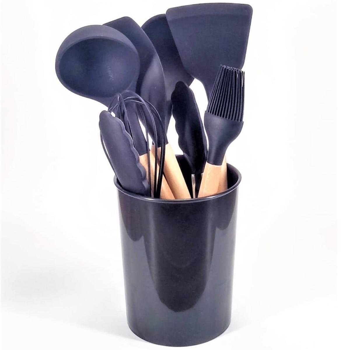 Kit Utensílios de Silicone Preto 12 Pç Cabos Madeira Suporte - 2