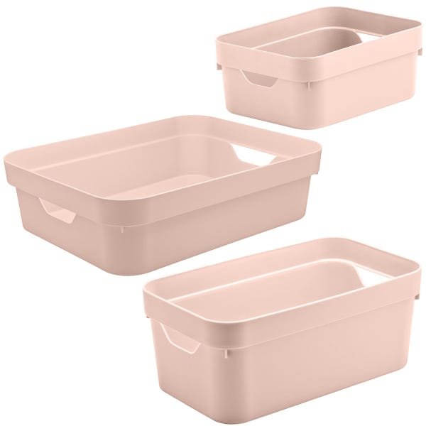 Conjunto 3 Caixas Organizadoras Multiuso Cesto Brinquedos Com Alça Rosa Nude - 1