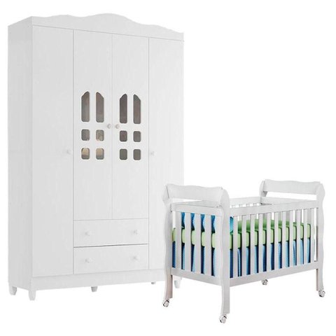 Berço Americano Lila e Guarda Roupa Infantil New Selena 4 Portas Branco Brilho Móveis