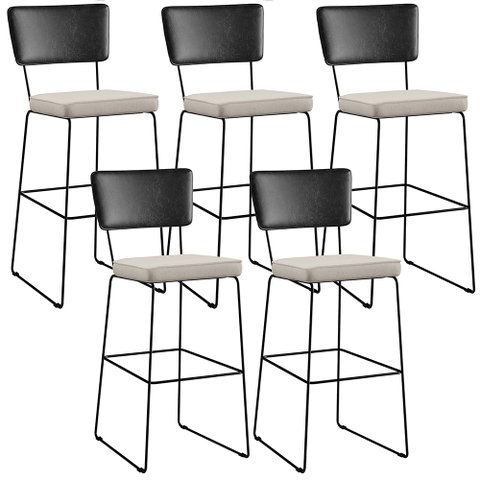 Kit 05 Banquetas Altas Cozinha Sala Jantar Fixa Allana L02 Couríssimo Preto Linho Cru - Lyam Decor