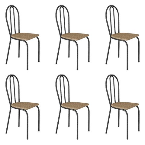 Kit 6 Cadeiras de Cozinha Texas Estampado Rattan Pés de Ferro Cromo Preto - Pallazio
