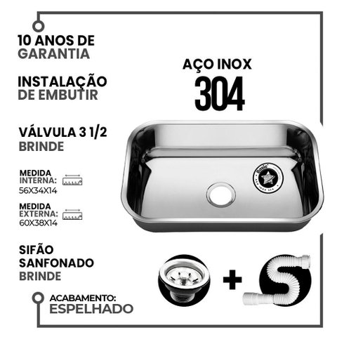 Cuba Cozinha Aço Inox American Steel 304 56x34x14 Numero 2