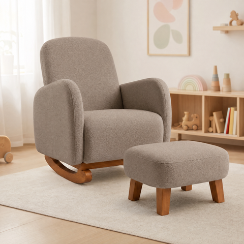 Poltrona Amamentação Soft Bouclé Base Balanço com Puff:Cappuccino
