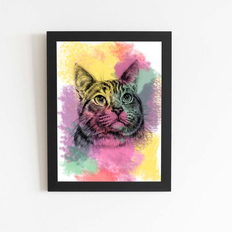 Quadro Gato Pets Animais Arte Aquarela Moldura 60x40cm